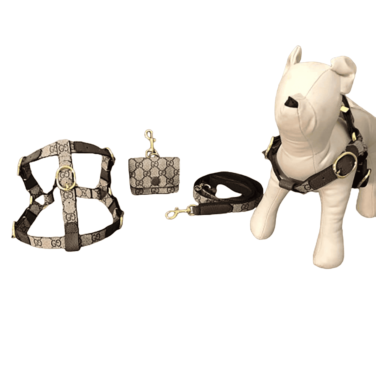 Grey dog harness with leash and matching poop bag holder