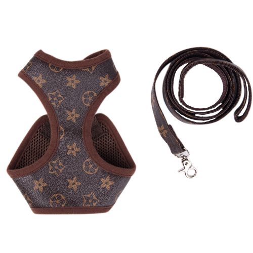 Brown dog harness with matching leash coiled beside it