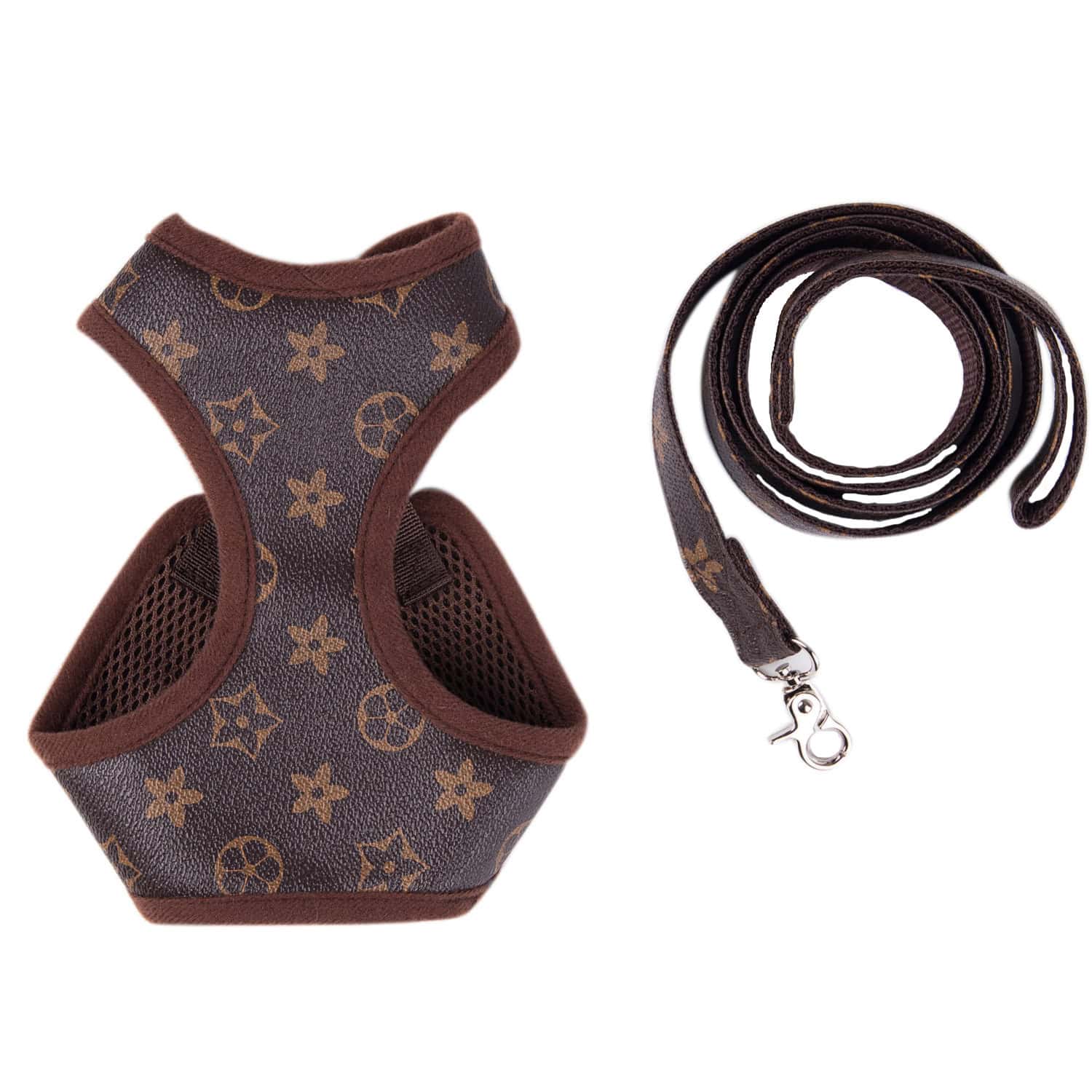 Brown dog harness with matching leash