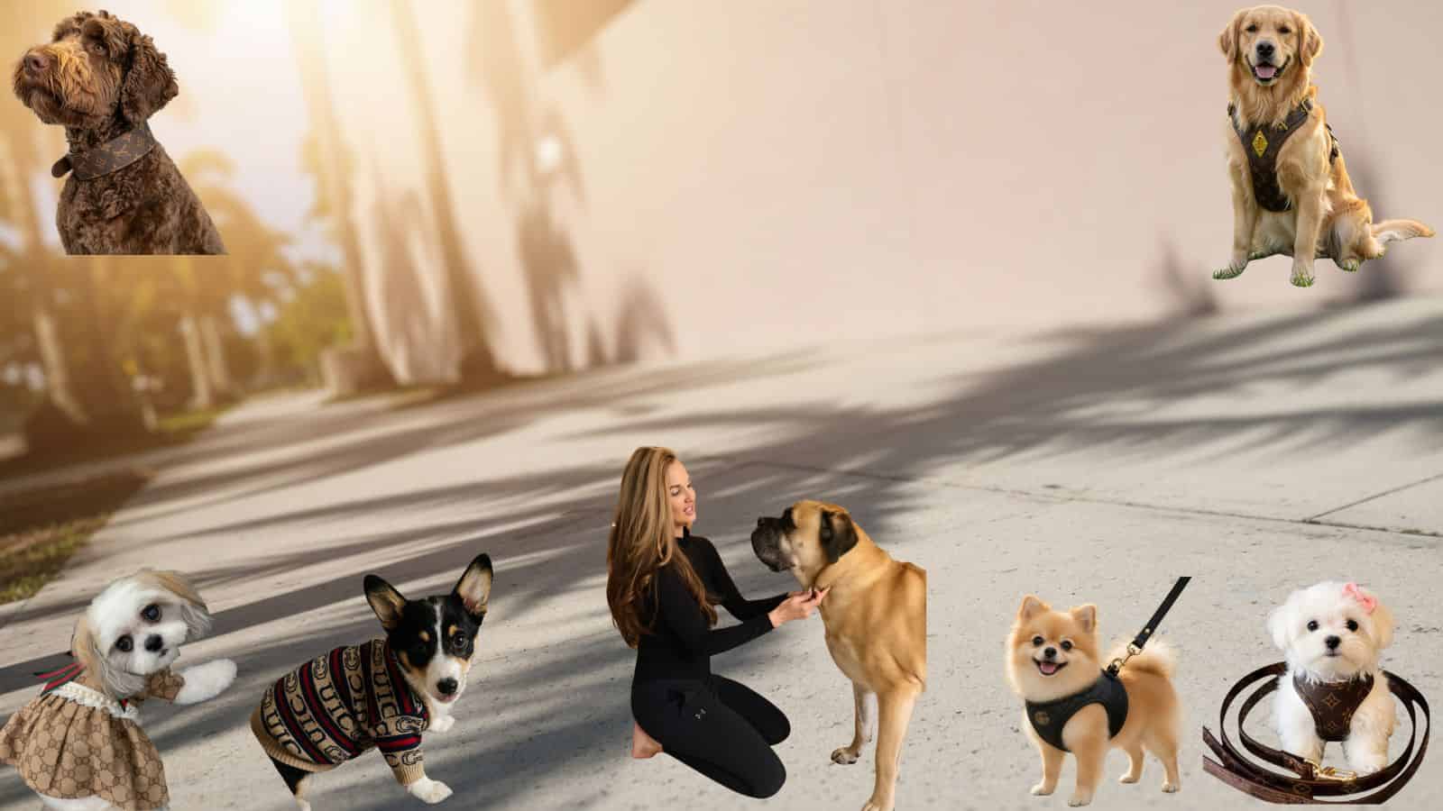 Groomer Bianka Kaptaine fitting a designer dog harness on a golden retriever in Fort Lauderdale