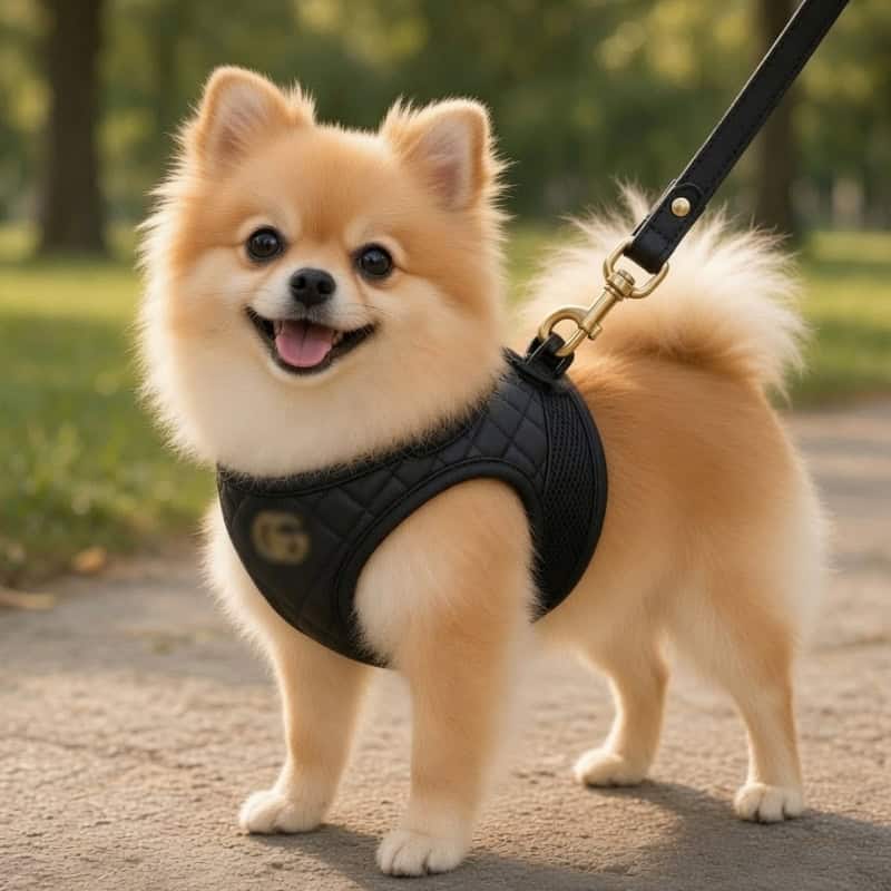 Luxury designer dog harness shown on a small dog